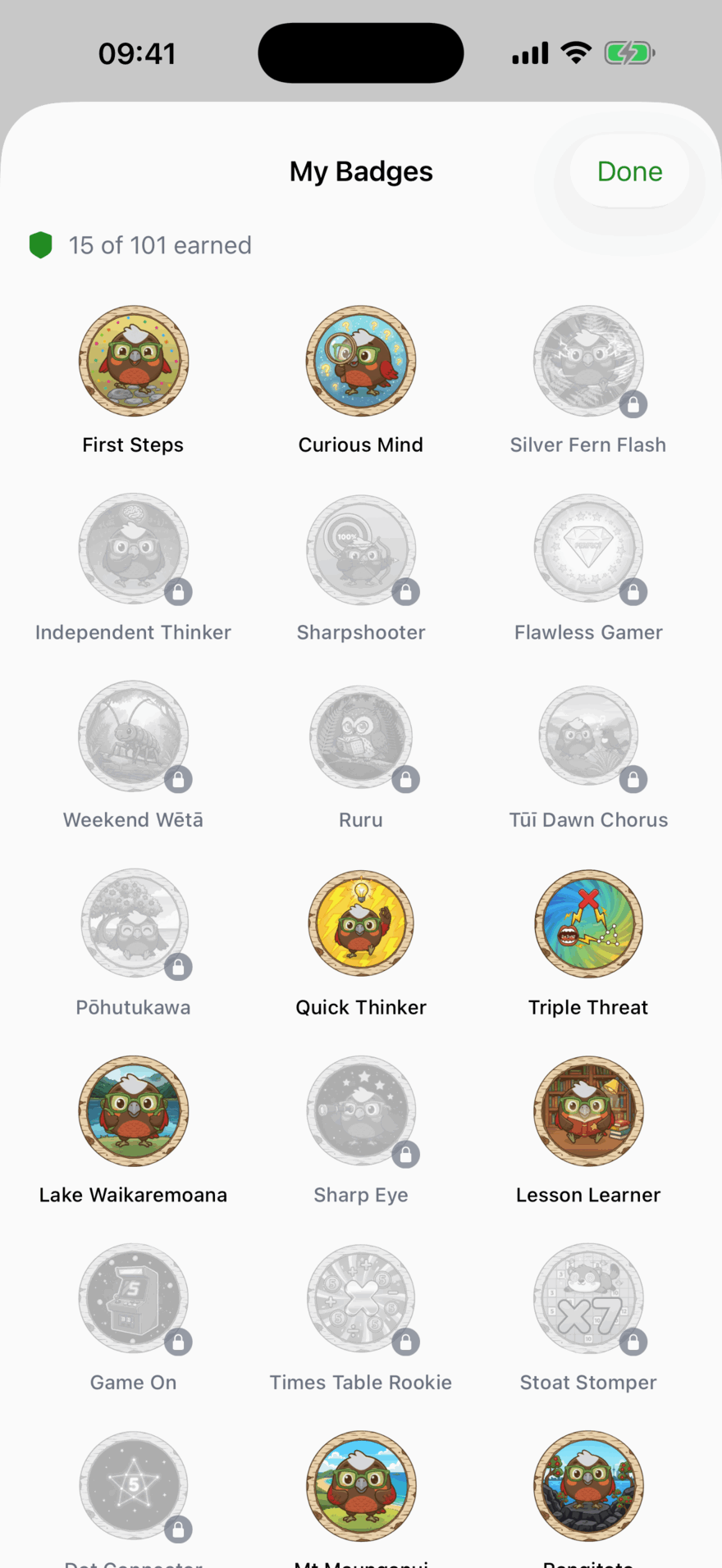 A My Badges grid reading 15 of 101 earned: First Steps, Curious Mind, Quick Thinker, Triple Threat and Lake Waikaremoana in colour, the rest still locked and greyed out.
