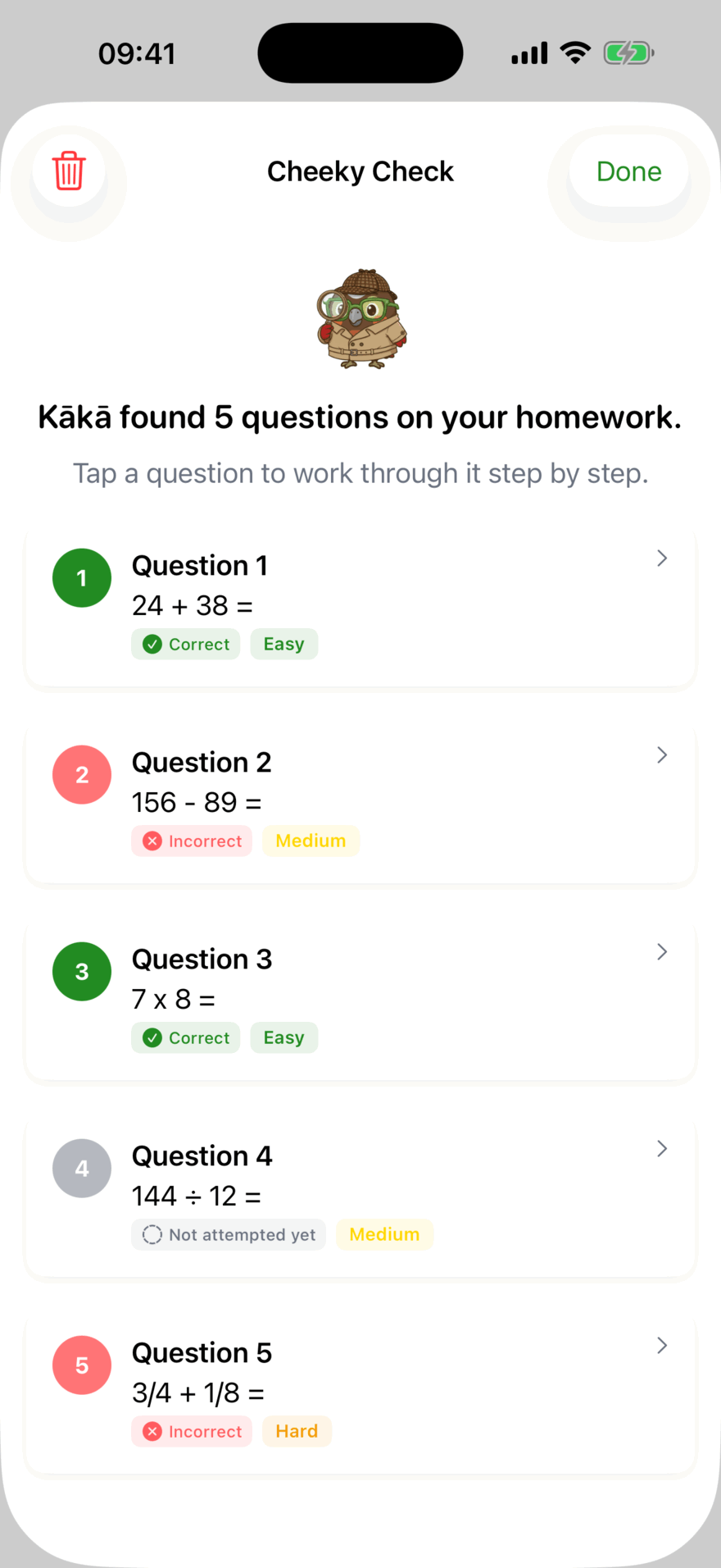 A Cheeky Check result: Kākā found 5 questions on the homework, marking two correct, two incorrect and one not attempted, each tagged Easy, Medium or Hard.