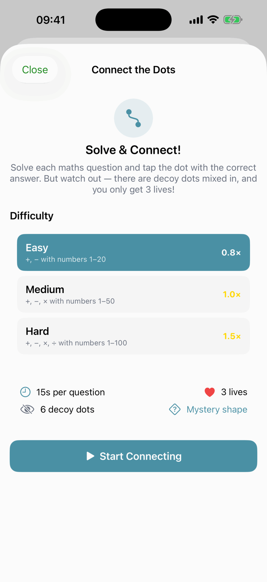 The Connect the Dots setup screen: Solve &amp; Connect, difficulty Easy, Medium or Hard with their number ranges and score multipliers, 15 seconds per question, 6 decoy dots and 3 lives.