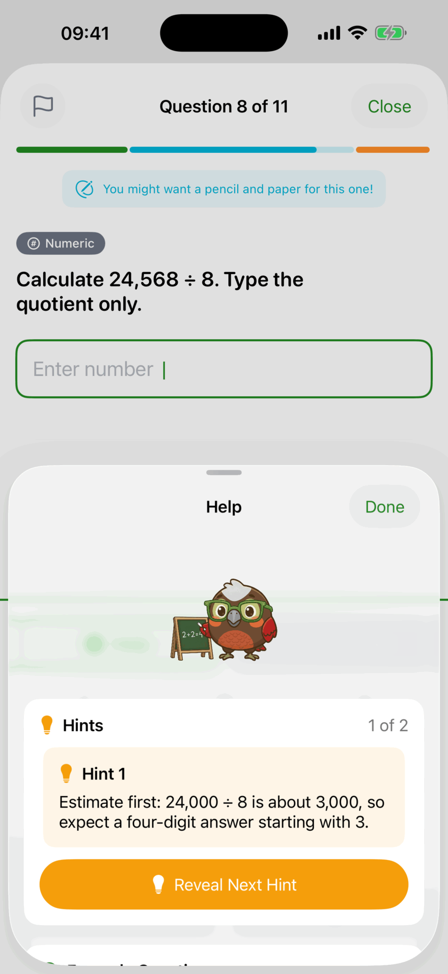 A Help sheet over the question showing Hint 1 of 2, estimate first because 24,000 ÷ 8 is about 3,000, and a Reveal Next Hint button, so the student gets one nudge at a time and never the answer.