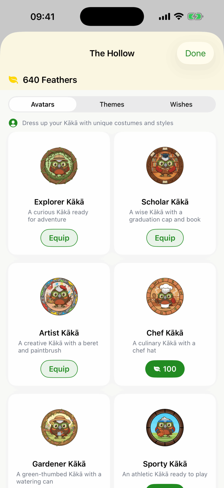 The Hollow with 640 Feathers to spend, tabs for Avatars, Themes and Wishes, and a grid of Kākā costumes: Explorer, Scholar, Artist and Gardener already unlocked, Chef costing 100 Feathers.
