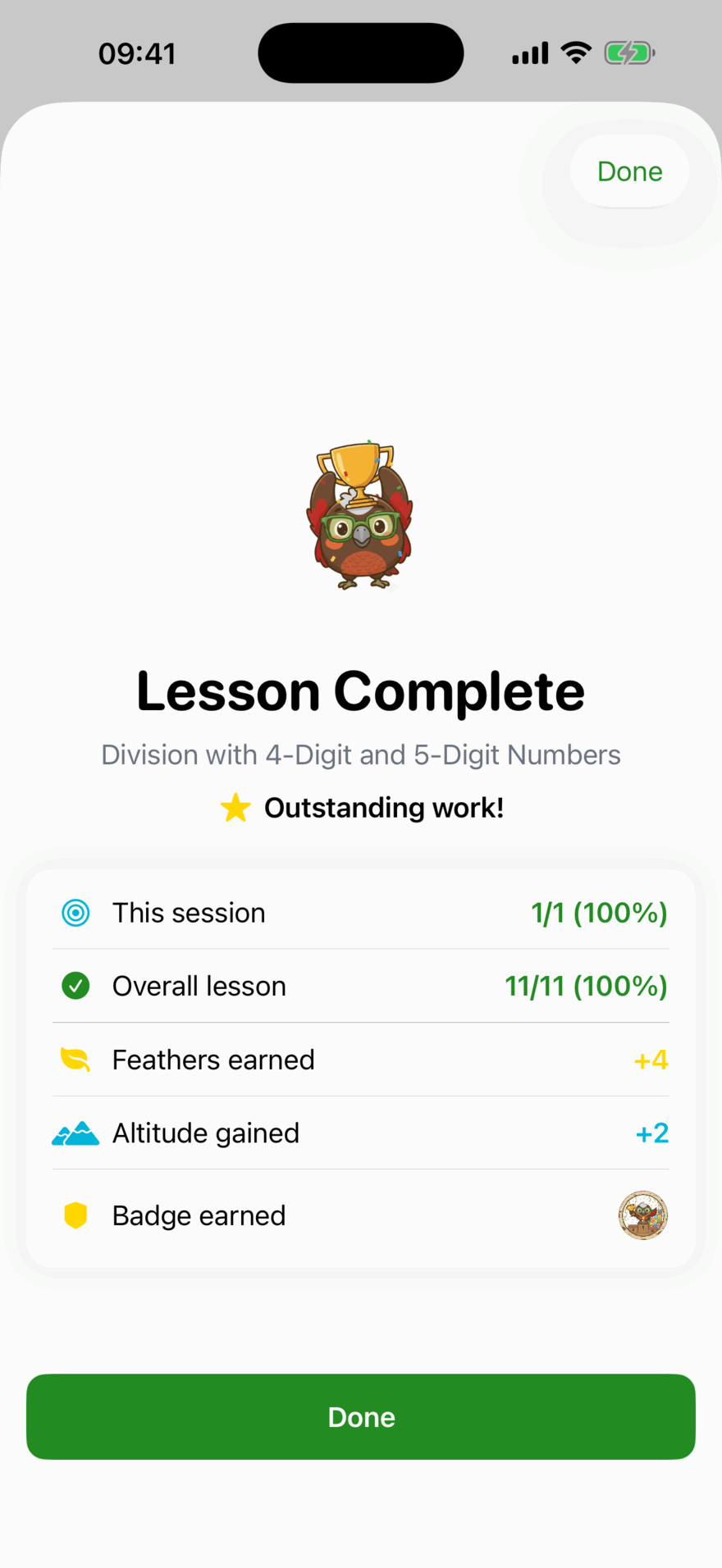A Lesson Complete screen: 11 of 11 correct, plus 4 Feathers earned, plus 2 Altitude gained, and a new badge.