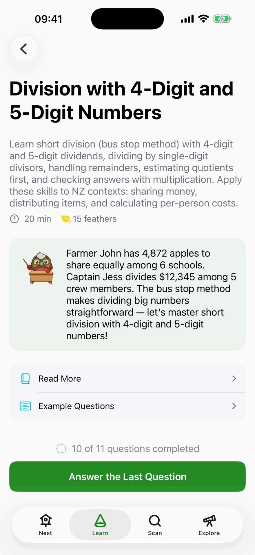 The lesson Division with 4-Digit and 5-Digit Numbers: 20 minutes, 15 feathers, a Kākā introducing the bus stop method, and links to Read More and Example Questions.