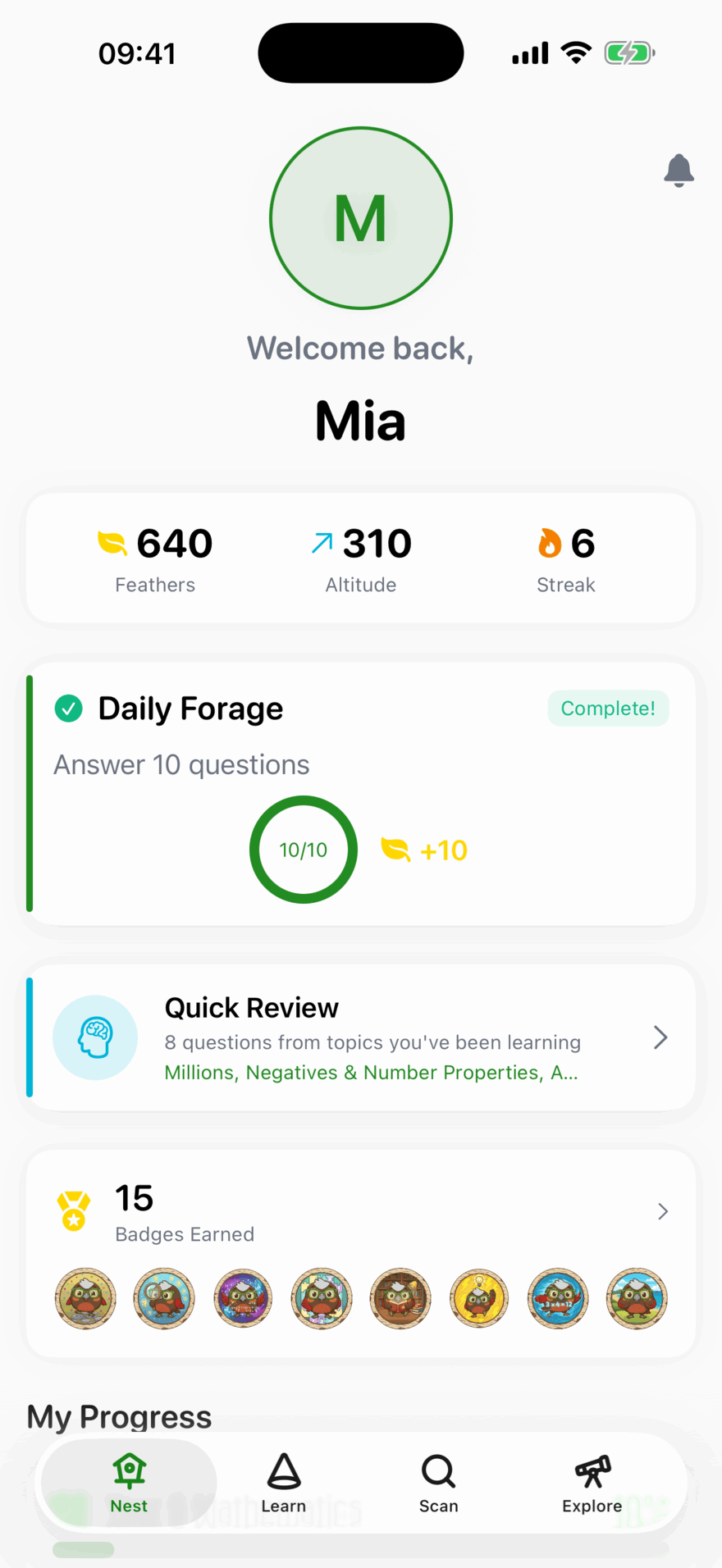 Mia's Nest screen: 640 Feathers, 310 Altitude, a 6-day streak, a Daily Forage to complete 5 lessons, and a Quick Review of 8 questions from topics she has been learning.