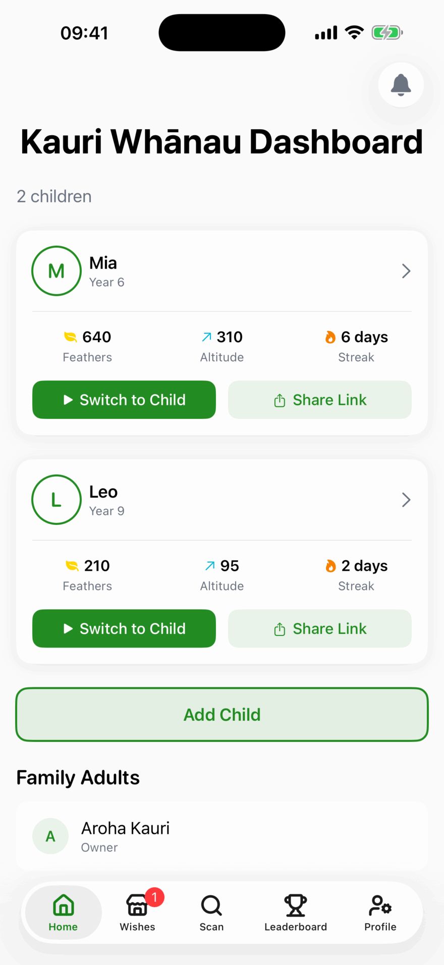 A whānau dashboard listing two children, Mia in Year 6 with 640 Feathers and a 6-day streak and Leo in Year 9 with 210 Feathers, each with Switch to Child and Share Link buttons.