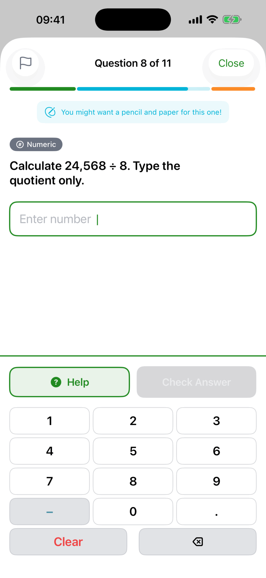 Question 8 of 11, a Numeric question reading Calculate 24,568 ÷ 8, type the quotient only, with the number keypad ready underneath and a note suggesting pencil and paper.
