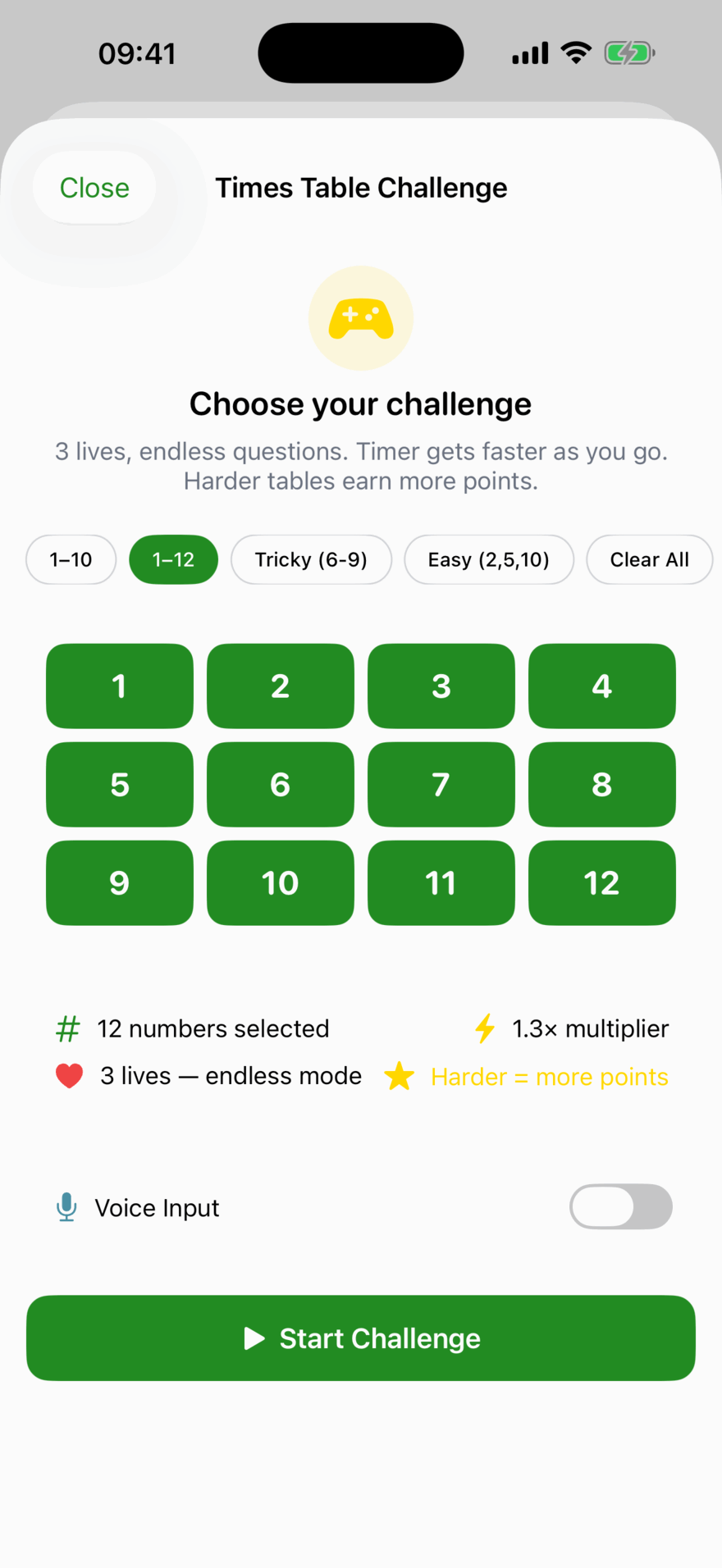 The Times Table Challenge setup screen: presets for 1–10, 1–12, Tricky (6-9) and Easy (2,5,10), all twelve tables selected, a 1.3× multiplier, 3 lives in endless mode and a Voice Input toggle.