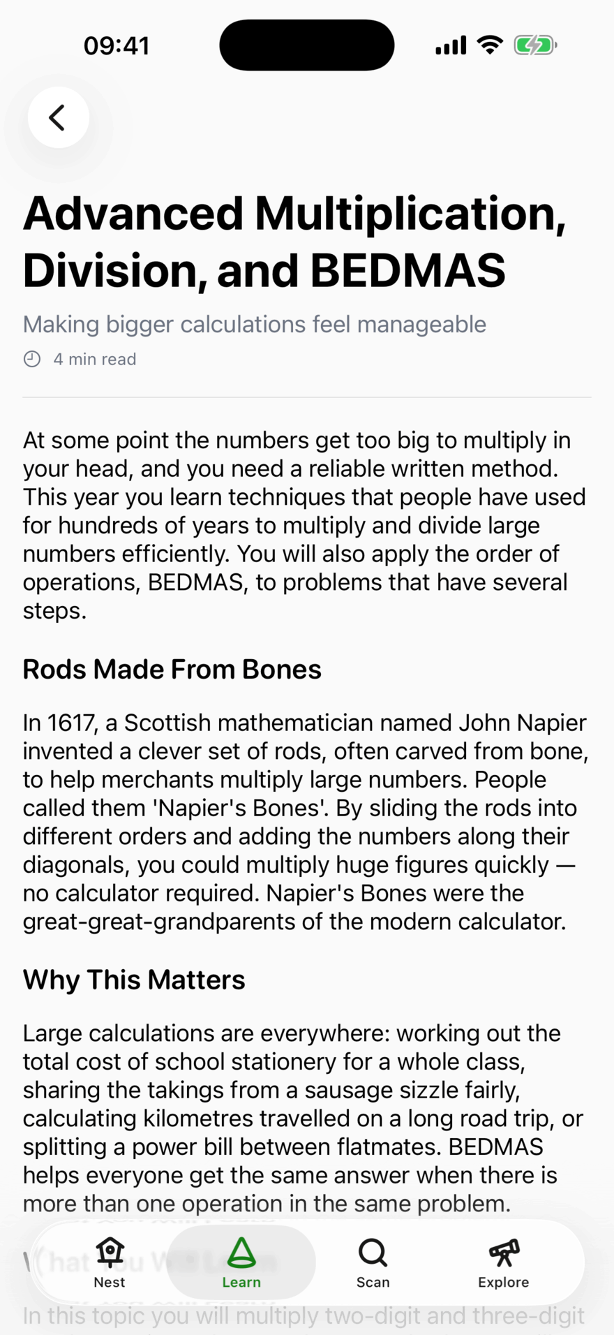 A topic introduction headed Advanced Multiplication, Division, and BEDMAS: a four-minute read covering Napier's Bones and why large calculations matter.