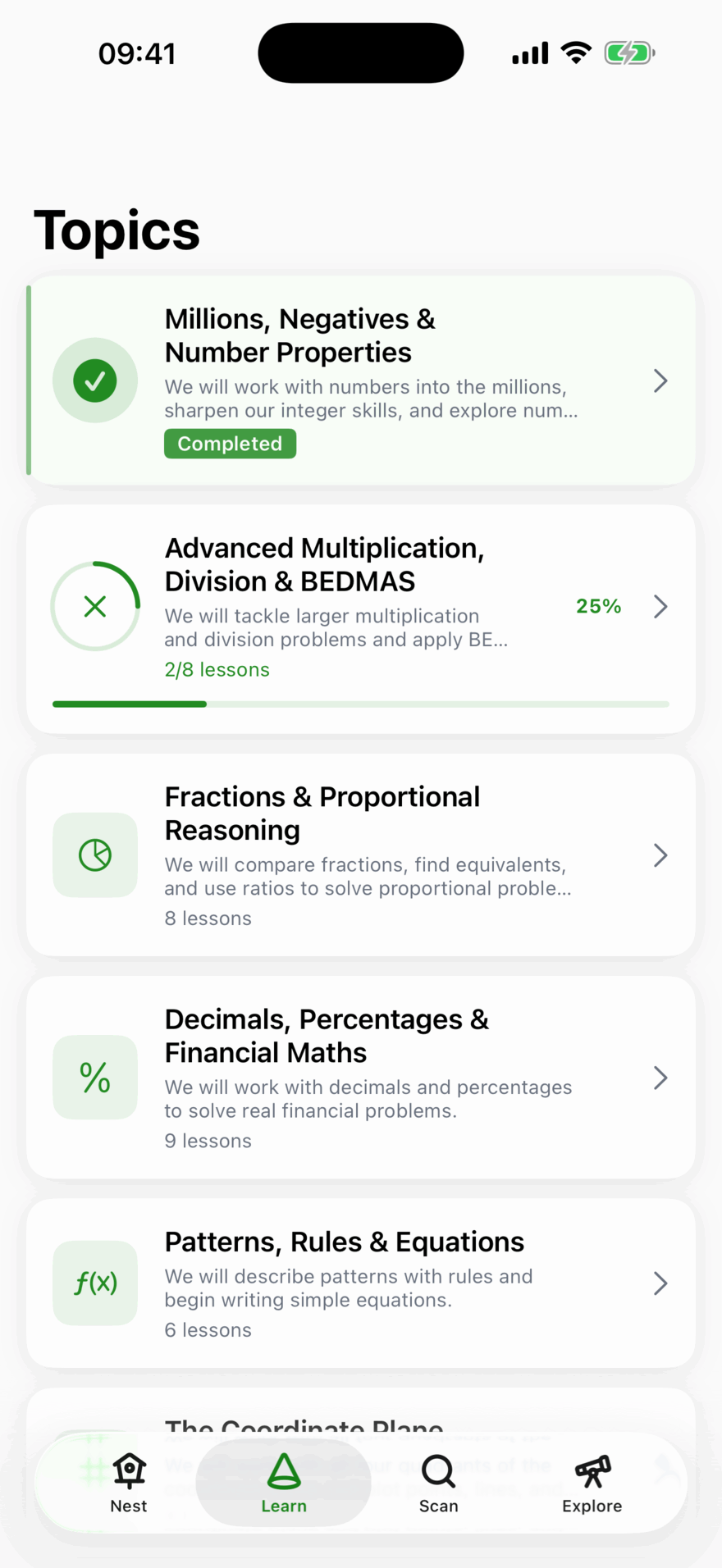 The Year 6 topic list: Millions, Negatives & Number Properties marked Completed, Advanced Multiplication, Division & BEDMAS at 25% with 2 of 8 lessons done, then Fractions, Decimals and Patterns waiting.
