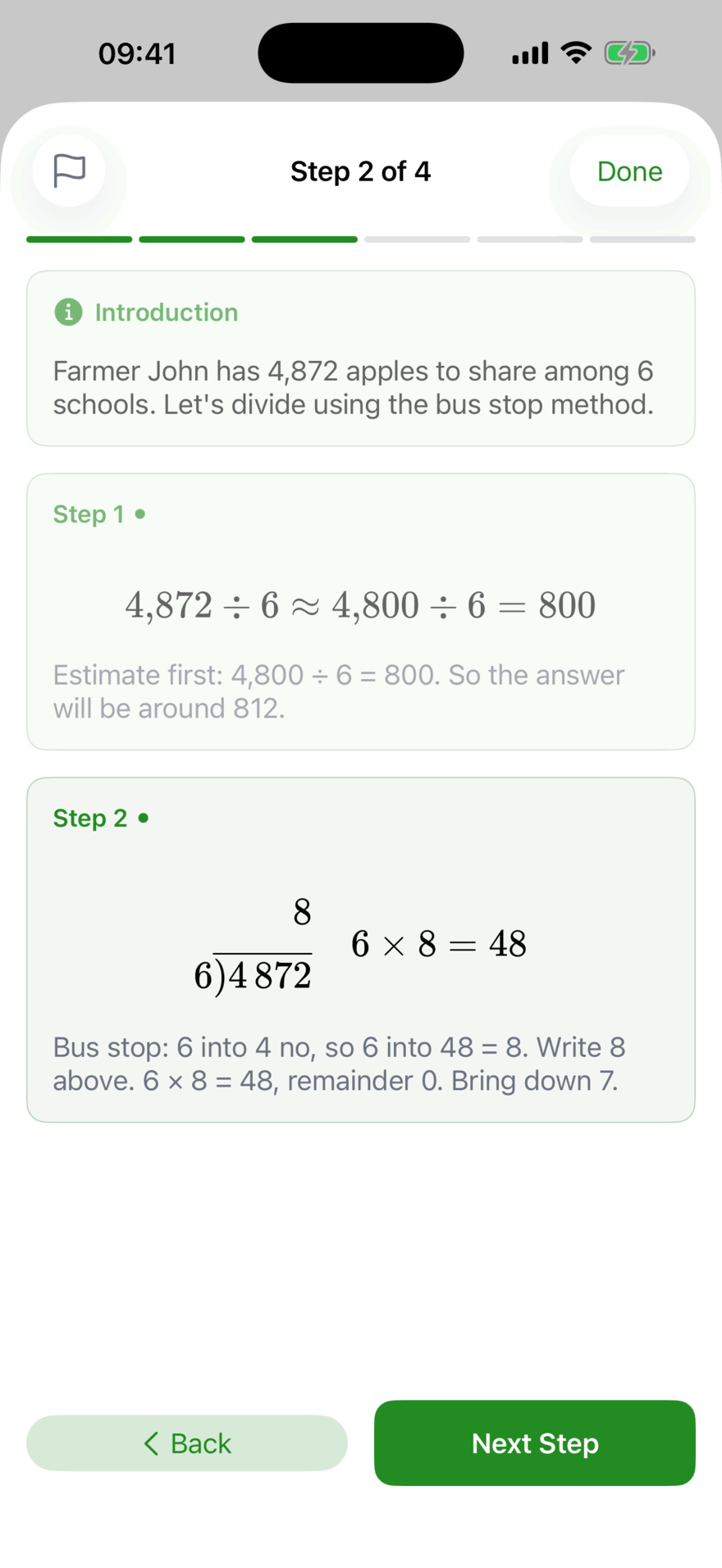 A worked example at Step 2 of 4, showing 4,872 ÷ 6 estimated first, then the bus stop division set out with the working explained underneath.