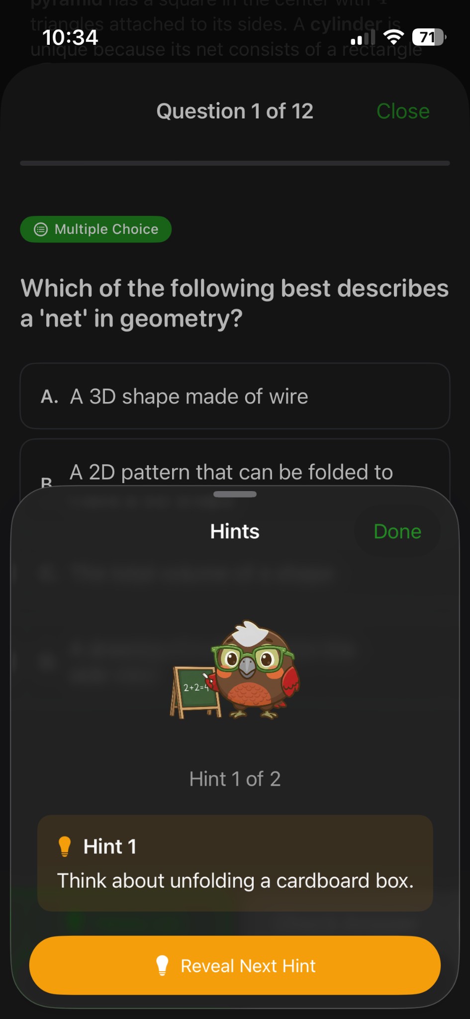 Progressive hints guide students to discover answers